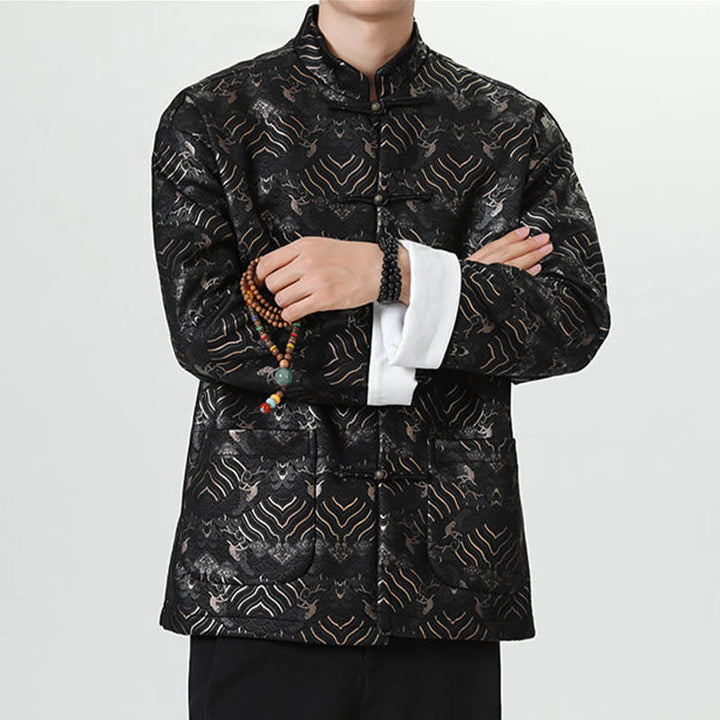 Buddha Stones Frog-Button Chinese Tang Suit Wave Shape Long Shirt Men Jacket Clothing - image 1