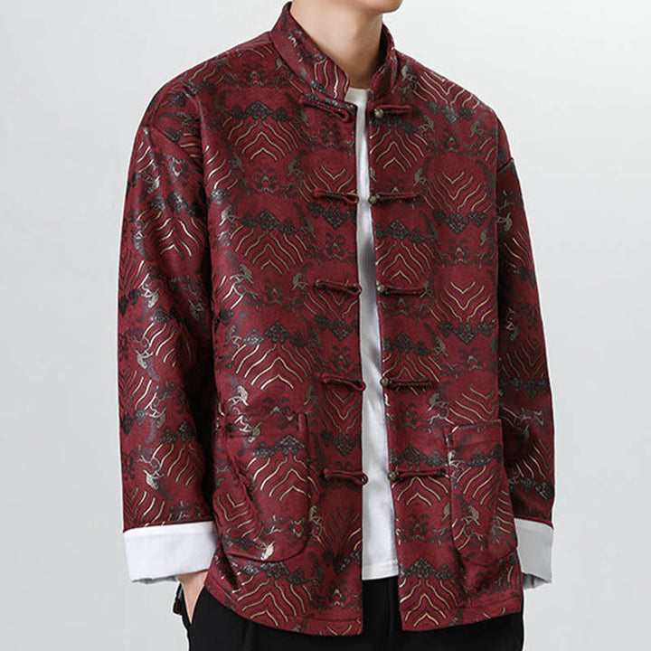 Buddha Stones Frog-Button Chinese Tang Suit Wave Shape Long Shirt Men Jacket Clothing - image 10