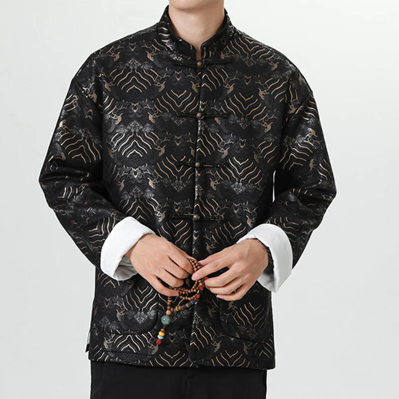 Buddha Stones Frog-Button Chinese Tang Suit Wave Shape Long Shirt Men Jacket Clothing - image 3