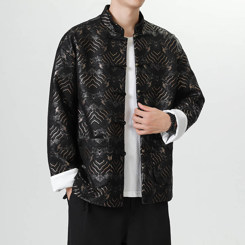 Buddha Stones Frog-Button Chinese Tang Suit Wave Shape Long Shirt Men Jacket Clothing - image 2
