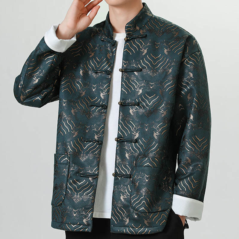 Buddha Stones Frog-Button Chinese Tang Suit Wave Shape Long Shirt Men Jacket Clothing - Teal - US/UK/AU46，EU56 (5XL) - image 12