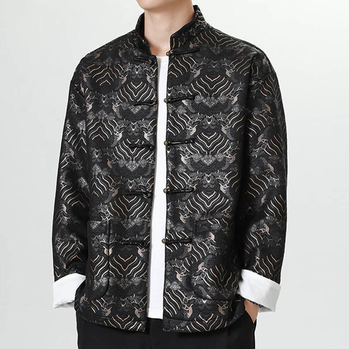 Buddha Stones Frog-Button Chinese Tang Suit Wave Shape Long Shirt Men Jacket Clothing - image 4