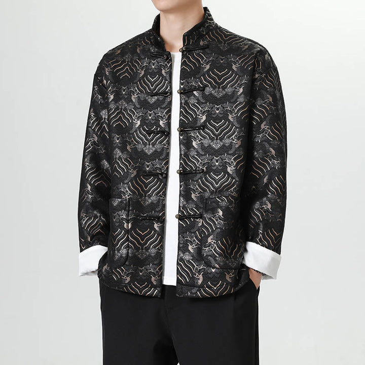 Buddha Stones Frog-Button Chinese Tang Suit Wave Shape Long Shirt Men Jacket Clothing - Black - US/UK/AU46，EU56 (5XL) - image 0