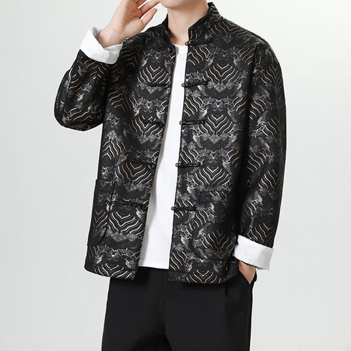 Buddha Stones Frog-Button Chinese Tang Suit Wave Shape Long Shirt Men Jacket Clothing - image 5
