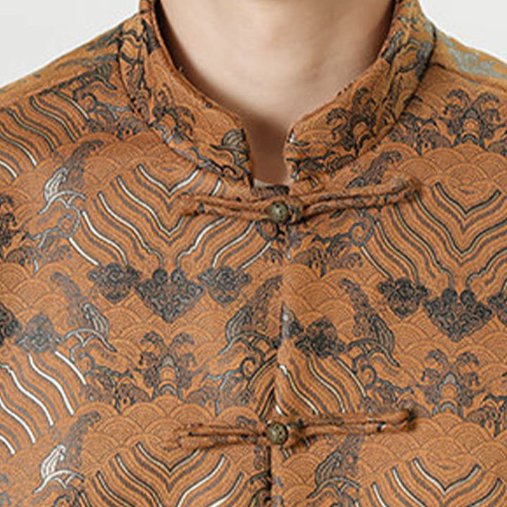 Buddha Stones Frog-Button Chinese Tang Suit Wave Shape Long Shirt Men Jacket Clothing - image 26