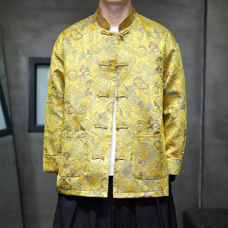 Buddha Stones Frog-Button Chinese Tang Suit Stand Collar Long Shirt Men Jacket Clothing - Gold - US/UK/AU46，EU56 (5XL) - image 17