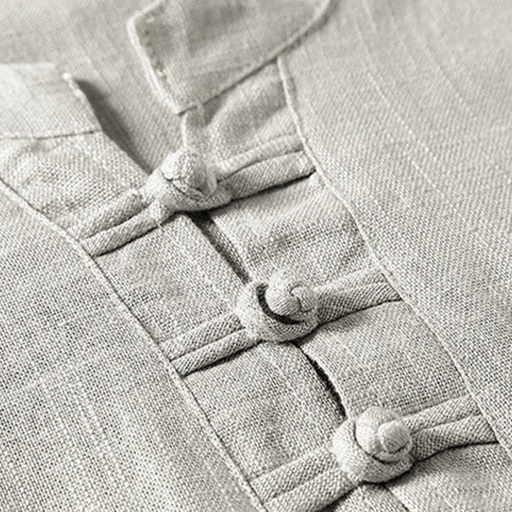 Buddha Stones Loose Men's Shirt Solid Color Notched Neck Top Short Sleeve Comfy Button Breathable Cotton Linen Shirt - image 7