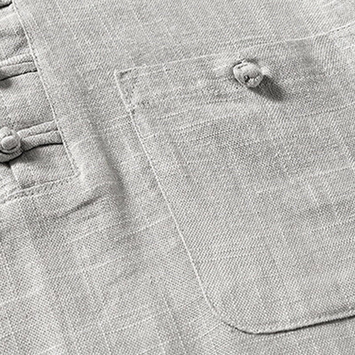 Buddha Stones Loose Men's Shirt Solid Color Notched Neck Top Short Sleeve Comfy Button Breathable Cotton Linen Shirt - image 9