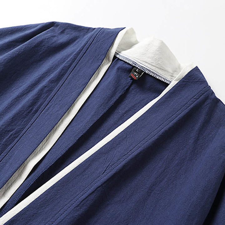 Buddha Stones Fake Two-piece Men's Half Sleeve Embroidery Hanfu Comfort Cotton Kimono - image 4