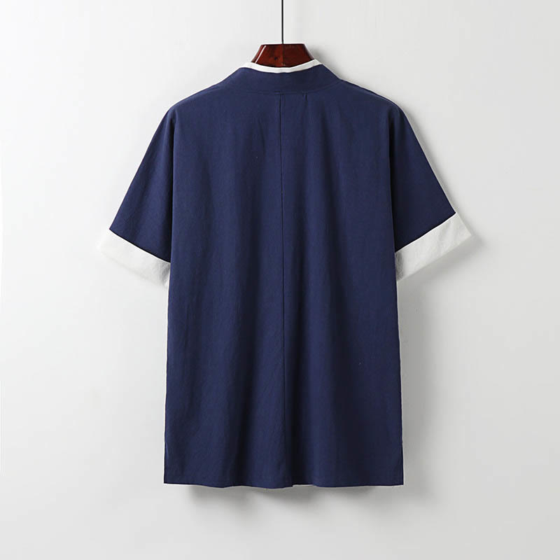 Buddha Stones Fake Two-piece Men's Half Sleeve Cardigan Embroidery Hanfu Comfort Cotton Shirt - image 3