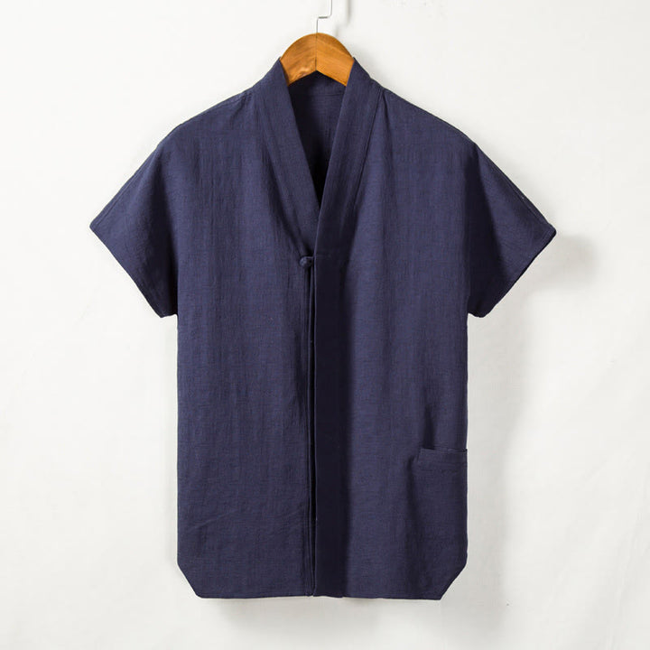 Buddha Stones Men's Short Sleeve Shirt With Pocket V Neck Cardigan Comfort Cotton Linen Shirt - Navy - US/UK/AU44，EU54 (4XL) - image 6