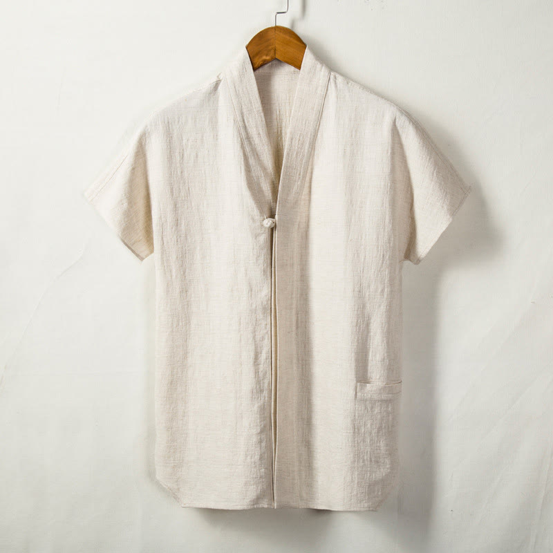 Buddha Stones Men's Short Sleeve Shirt With Pocket V Neck Cardigan Comfort Cotton Linen Shirt - Linen - US/UK/AU44，EU54 (4XL) - image 0