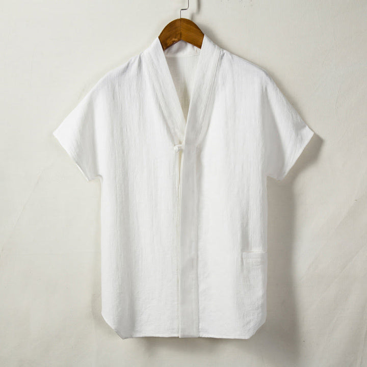 Buddha Stones Men's Short Sleeve Shirt With Pocket V Neck Cardigan Comfort Cotton Linen Shirt - White - US/UK/AU44，EU54 (4XL) - image 2