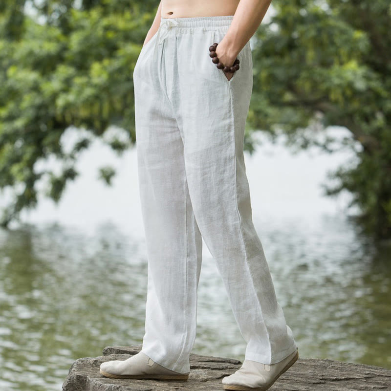 Buddha Stones Solid Color Cotton Linen Men's Wide Leg Pants With Pockets - White - US/UK/AU50，EU60 (5XL) - image 14