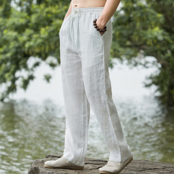 Buddha Stones Solid Color Cotton Linen Men's Wide Leg Pants With Pockets - White - US/UK/AU50，EU60 (5XL) - image 14