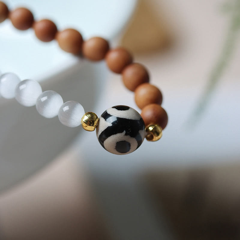 Buddha Stones Sandalwood Cat's Eye Three-eyed Dzi Bead Crystal Protectioin Bracelet - image 3