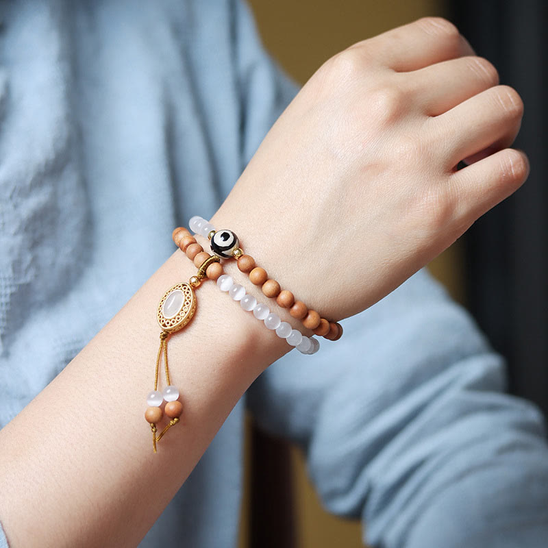 Buddha Stones Sandalwood Cat's Eye Three-eyed Dzi Bead Crystal Protectioin Bracelet - image 10