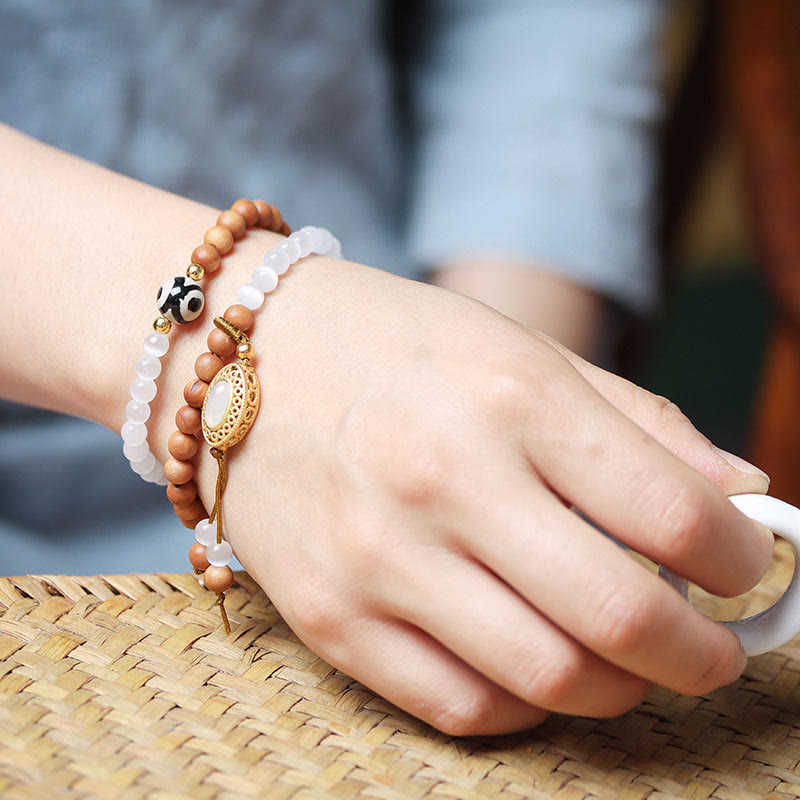 Buddha Stones Sandalwood Cat's Eye Three-eyed Dzi Bead Crystal Protectioin Bracelet - image 9