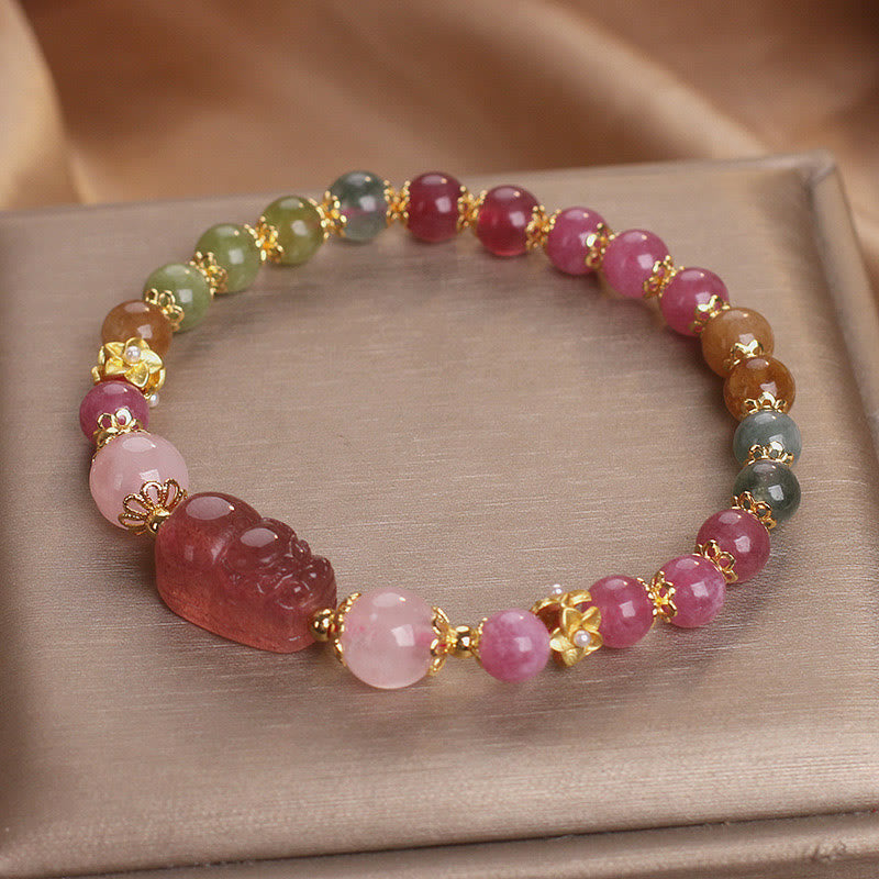 Buddha Stones Tourmaline Strawberry Quartz Pink Crystal PIXIU Love Bracelet - Tourmaline Pink Crystal(Wrist Circumference: 14-16cm) - image 1