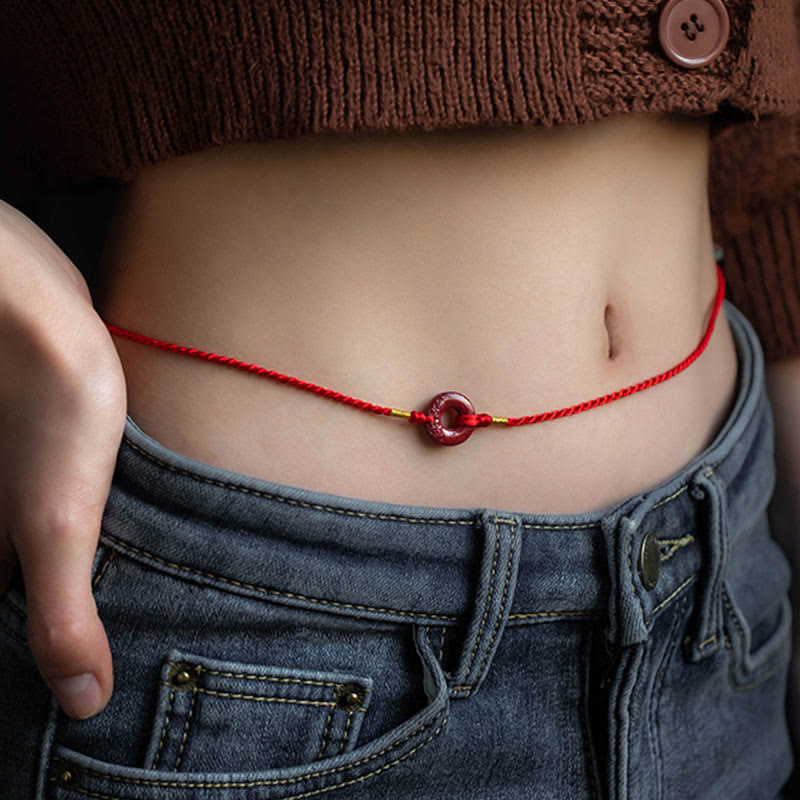 Buddha Stones Natural Cinnabar Peace Buckle Blessing Red String Belly Chain - High Quality Cinnabar 92cm(Adjustable) - image 0