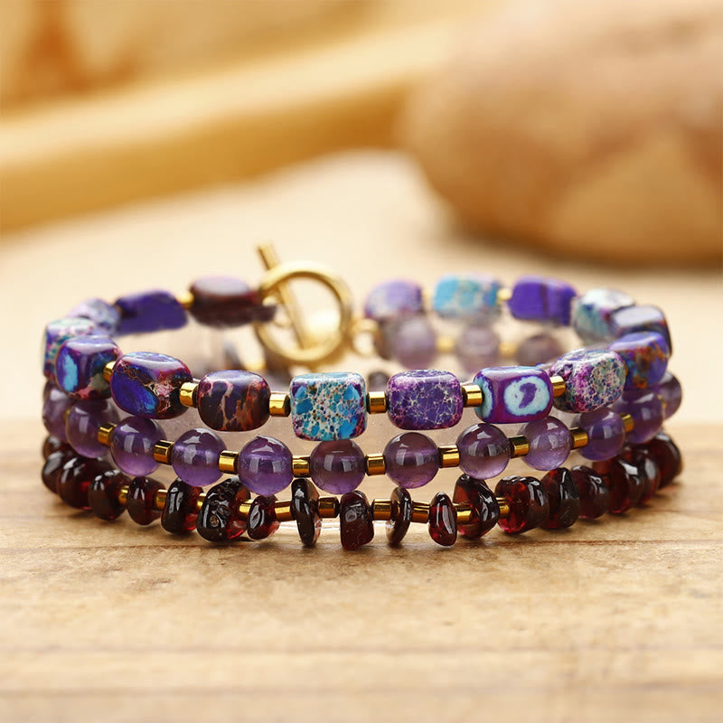 Buddha Stones Amethyst Garnet Emperor Stone Communication Triple Wrap Bracelet - Amethyst Garnet Emperor Stone(Wrist Circumference: 14-16cm) - image 0