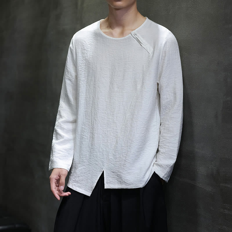 Buddha Stones Solid Color Loose Long Sleeve Round Neck Men's Shirts - image 3