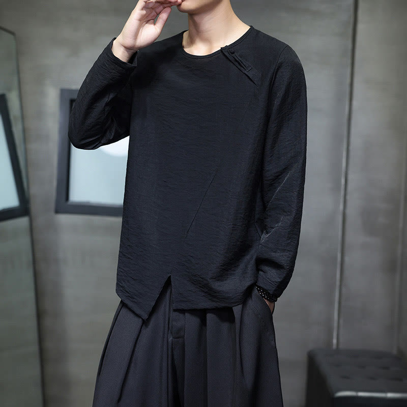 Buddha Stones Solid Color Loose Long Sleeve Round Neck Men's Shirts - image 28