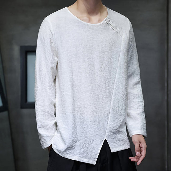 Buddha Stones Solid Color Loose Long Sleeve Round Neck Men's Shirts - image 5