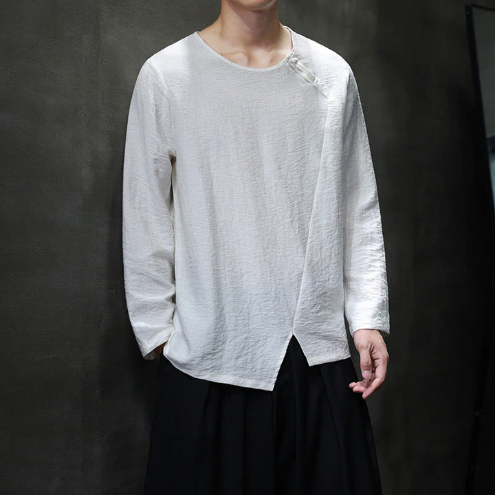 Buddha Stones Solid Color Loose Long Sleeve Round Neck Men's Shirts - image 7