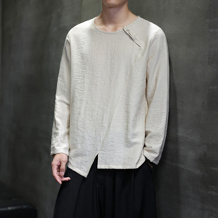 Buddha Stones Solid Color Loose Long Sleeve Round Neck Men's Shirts - image 22