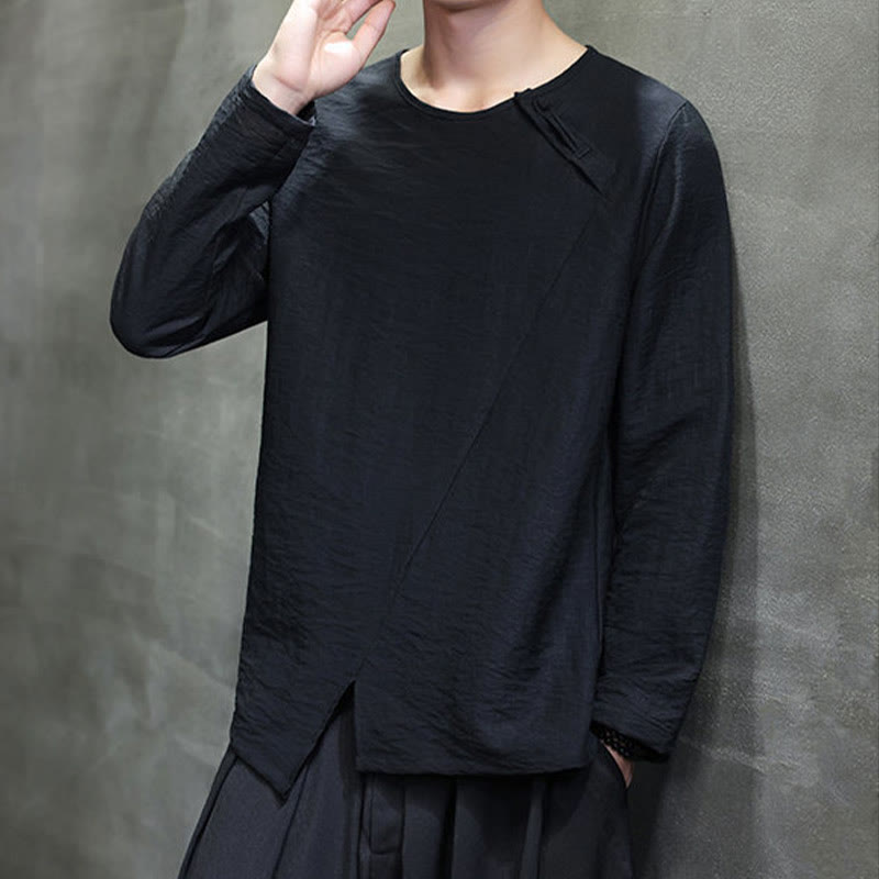 Buddha Stones Solid Color Loose Long Sleeve Round Neck Men's Shirts - image 33