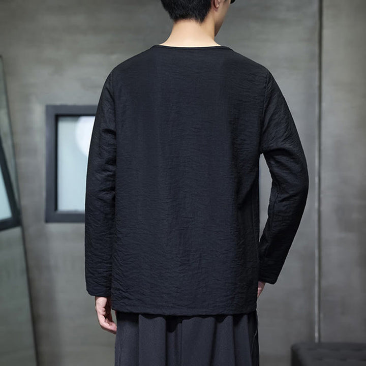 Buddha Stones Solid Color Loose Long Sleeve Round Neck Men's Shirts - image 26