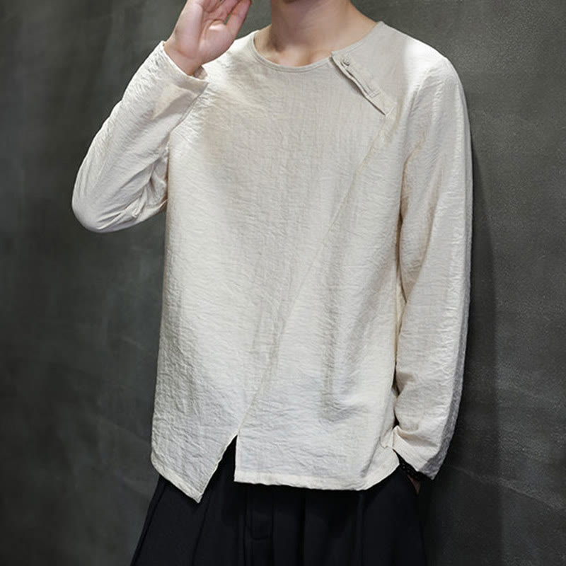 Buddha Stones Solid Color Loose Long Sleeve Round Neck Men's Shirts - image 19