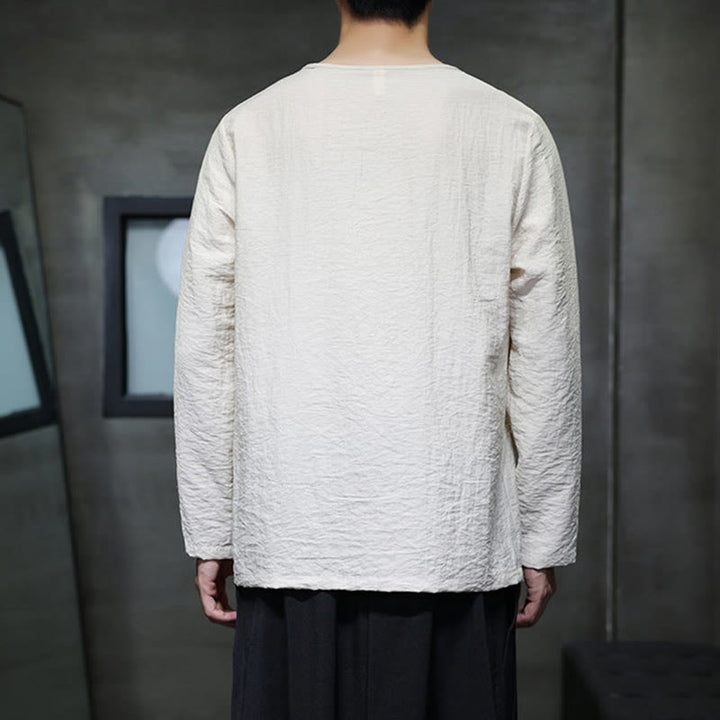 Buddha Stones Solid Color Loose Long Sleeve Round Neck Men's Shirts - image 16