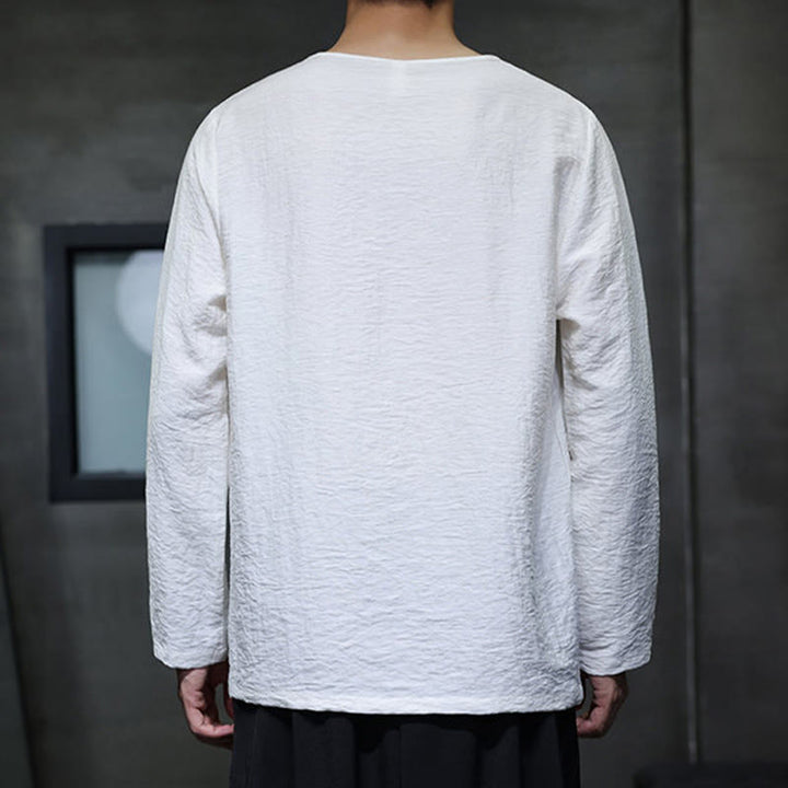 Buddha Stones Solid Color Loose Long Sleeve Round Neck Men's Shirts - image 2