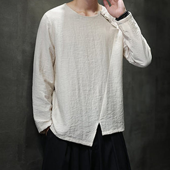 Buddha Stones Solid Color Loose Long Sleeve Round Neck Men's Shirts - image 18