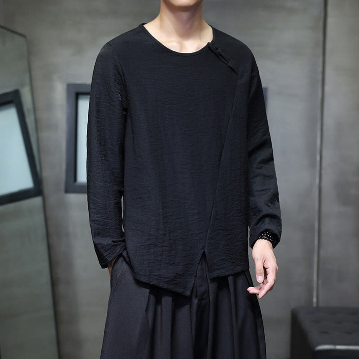 Buddha Stones Solid Color Loose Long Sleeve Round Neck Men's Shirts - image 27