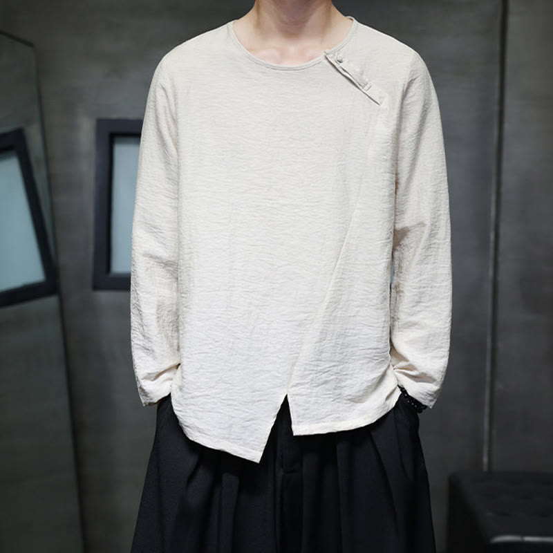 Buddha Stones Solid Color Loose Long Sleeve Round Neck Men's Shirts - image 20