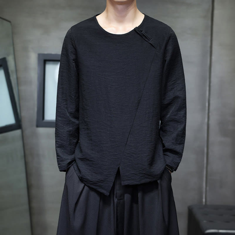 Buddha Stones Solid Color Loose Long Sleeve Round Neck Men's Shirts - Black - US/UK/AU44，EU54 (5XL) - image 24