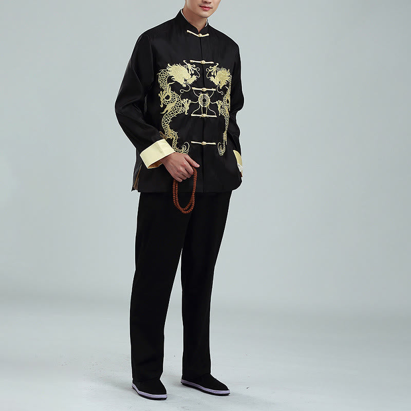 Buddha Stones Embroider Dragon Turned Sleeves Casual Frog-button Polyester Fiber Men's Jacket Shirt Pants Clothing - image 14