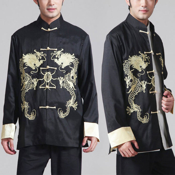 Buddha Stones Embroider Dragon Turned Sleeves Casual Frog-button Polyester Fiber Men's Jacket Shirt Pants Clothing - image 15