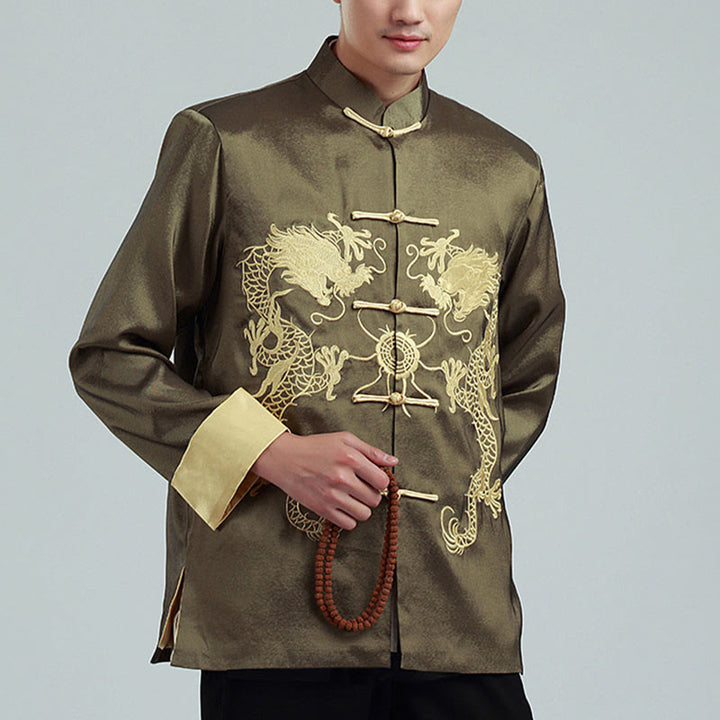 Buddha Stones Embroider Dragon Turned Sleeves Casual Frog-button Polyester Fiber Men's Jacket Shirt Pants Clothing - Olive - US/UK/AU42，EU52 (3XL) - image 18