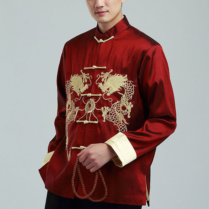 Buddha Stones Embroider Dragon Turned Sleeves Casual Frog-button Polyester Fiber Men's Jacket Shirt Pants Clothing - image 2