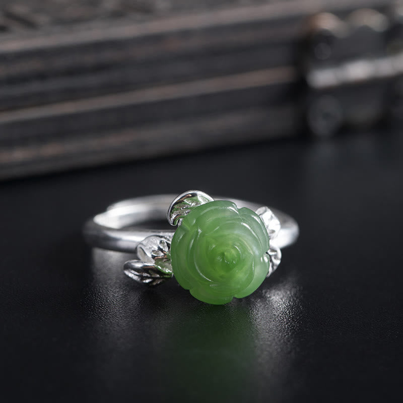 Buddha Stones 925 Sterling Silver Jade Green Rose Luck Adjustable Ring - image 4