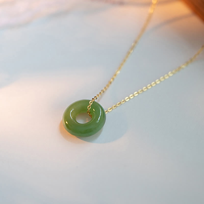 Buddha Stones 925 Sterling Silver Plated Gold Hetian Jade Peace Buckle Necklace Pendant - image 1
