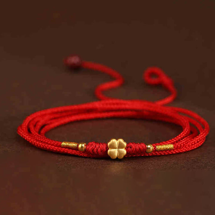 Buddha Stone 999 Solid Gold Red String Belly Chain - Four Leaf Clover Ingot Luck Beads Shape - image 22
