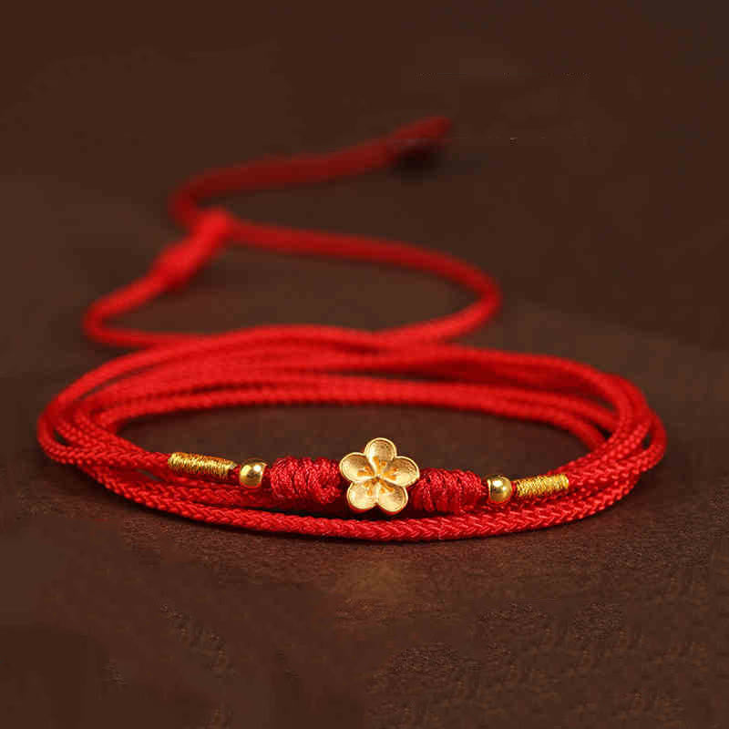 Buddha Stone 999 Solid Gold Red String Belly Chain - Plum Bossom Luck Beads Shape - image 21