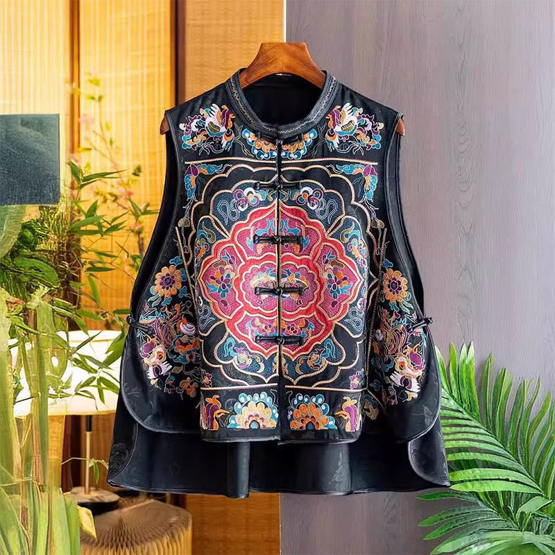 Buddha Stones Vintage Embroidery Colorful Cloud Flower Pattern Vest - Black - US12，UK/AU16，EU44 (3XL) - image 0