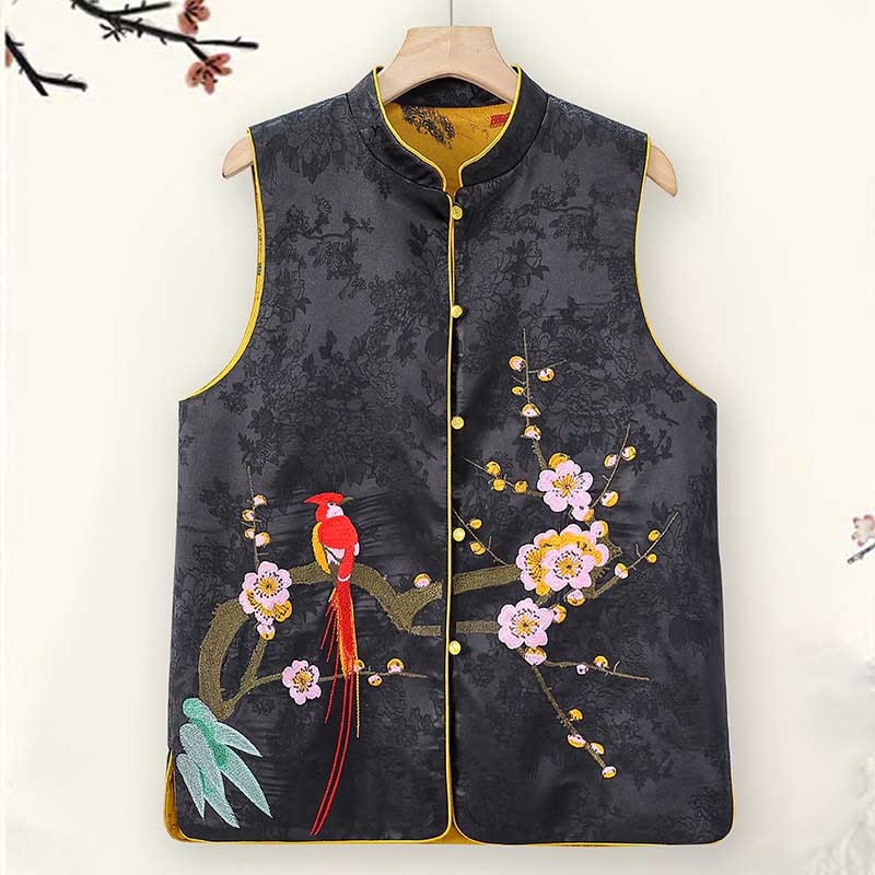Buddha Stones Vintage Embroidery Plum Blossom Pattern Double-Sided Wear Vest - Black - US16，UK/AU20，EU48 (5XL) - image 0