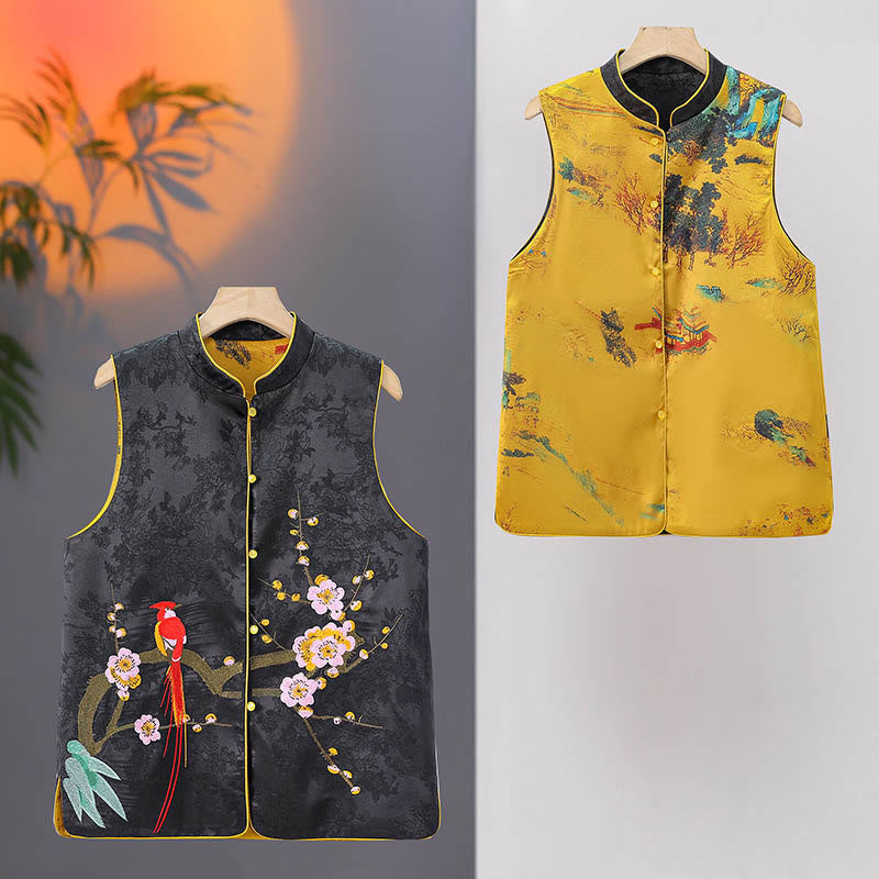 Buddha Stones Vintage Embroidery Plum Blossom Pattern Double-Sided Wear Vest - image 10